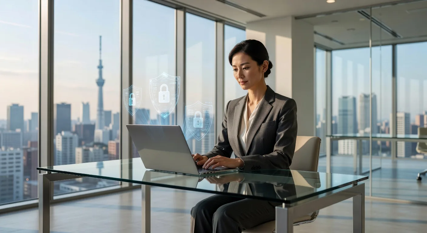 日本のビジネスプロフェッショナルがセキュアなラップトップを使用している様子